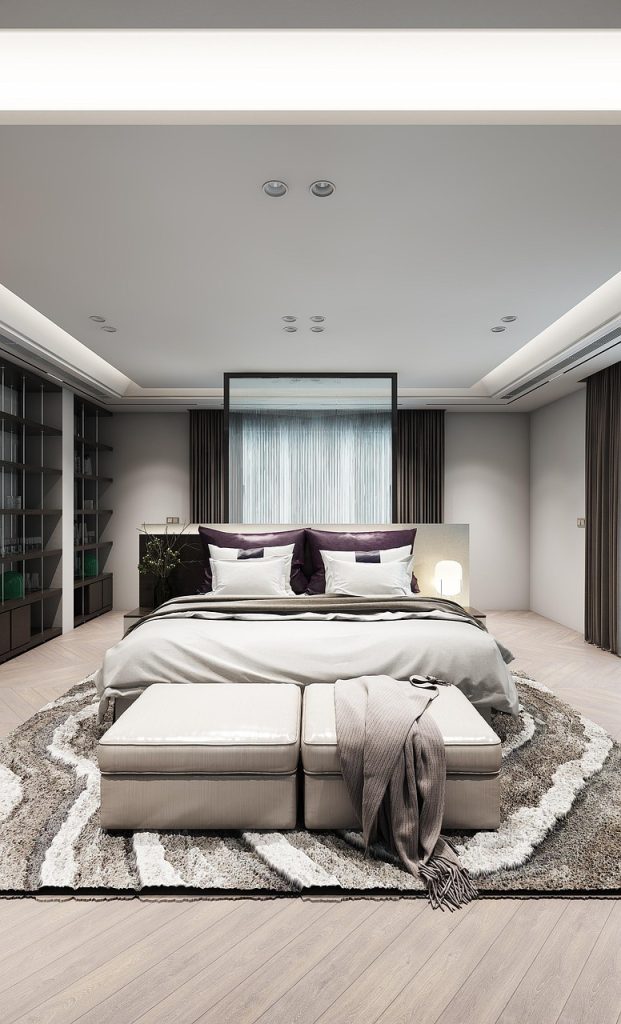 master bedroom, bed, console table, glass, curtain, carpet, ceiling, ceiling lights, bookshelf, master bedroom, curtain, carpet, carpet, carpet, carpet, carpet, ceiling, ceiling, ceiling, ceiling, ceiling